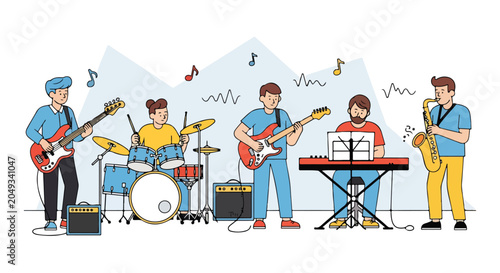 Fotografie A cartoon band performing with various instruments