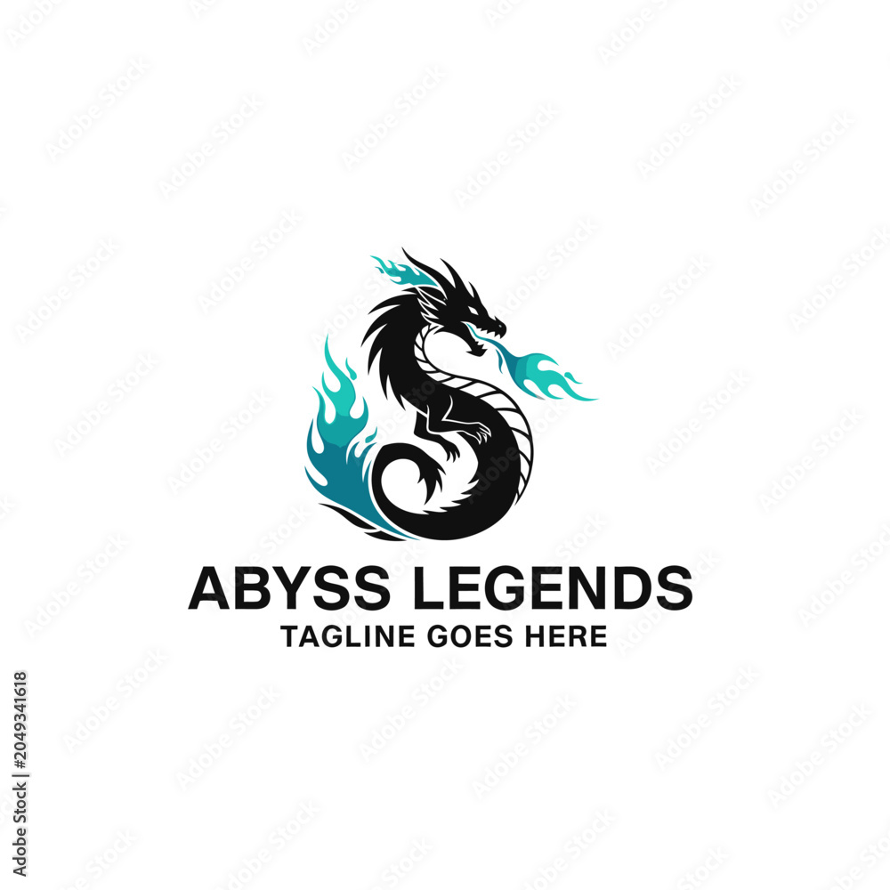 Fototapeta premium Powerful stylized sea serpent emblem featuring vibrant blue fire, perfect for esports teams, fantasy literature, or creative studios.