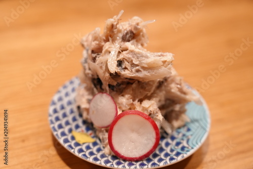 Mackerel and pickled scallion dip, traditional Japanese izakaya otoshi appetizer - サバとらっきょうのディップ 居酒屋のお通し 日本料理