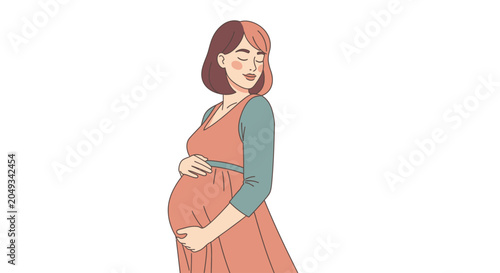 Fotografie A serene pregnant woman gently touches her belly, anticipating motherhood