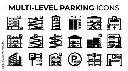 Obraz na plátně Collection of black and white icons representing multi-level parking garages, ramps, elevators, and barriers