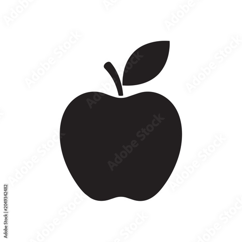 Black Silhouette of an Apple with a Leaf on White Background