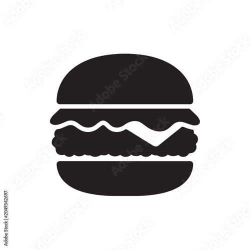 Minimalist black silhouette of burger icon on white background for design