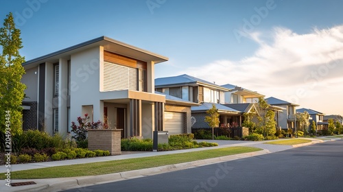 suburban. Modern suburban house with clean lines, illuminated by soft afternoon light and a blurred street. real-estate listings.