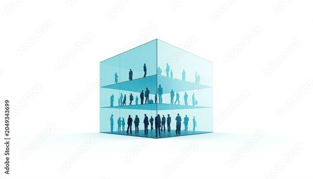Fototapeta premium Transparent glass cube showing layered silhouettes of business people inside office architecture with business corporate architecture structure transparent silhouette professional management