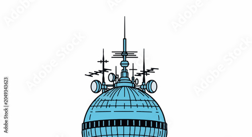 Top of a radio tower with multiple antennas and dishes