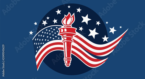 Torch with American flag and stars on a blue background
