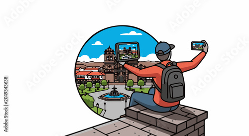 Tourist captures cityscape with tablet and phone, framed by clouds