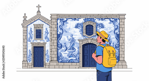 Tourist admiring a charming building with blue tiled facade and religious iconography
