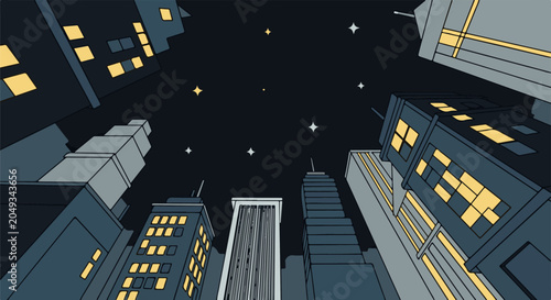 Towering city buildings under a starry night sky