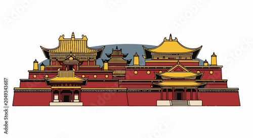 Traditional complex of red buildings with golden, tiered roofs under a gray sky