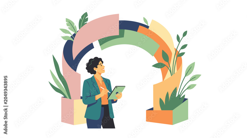 Naklejka premium Woman with tablet standing before a vibrant colorful archway surrounded by green plants.