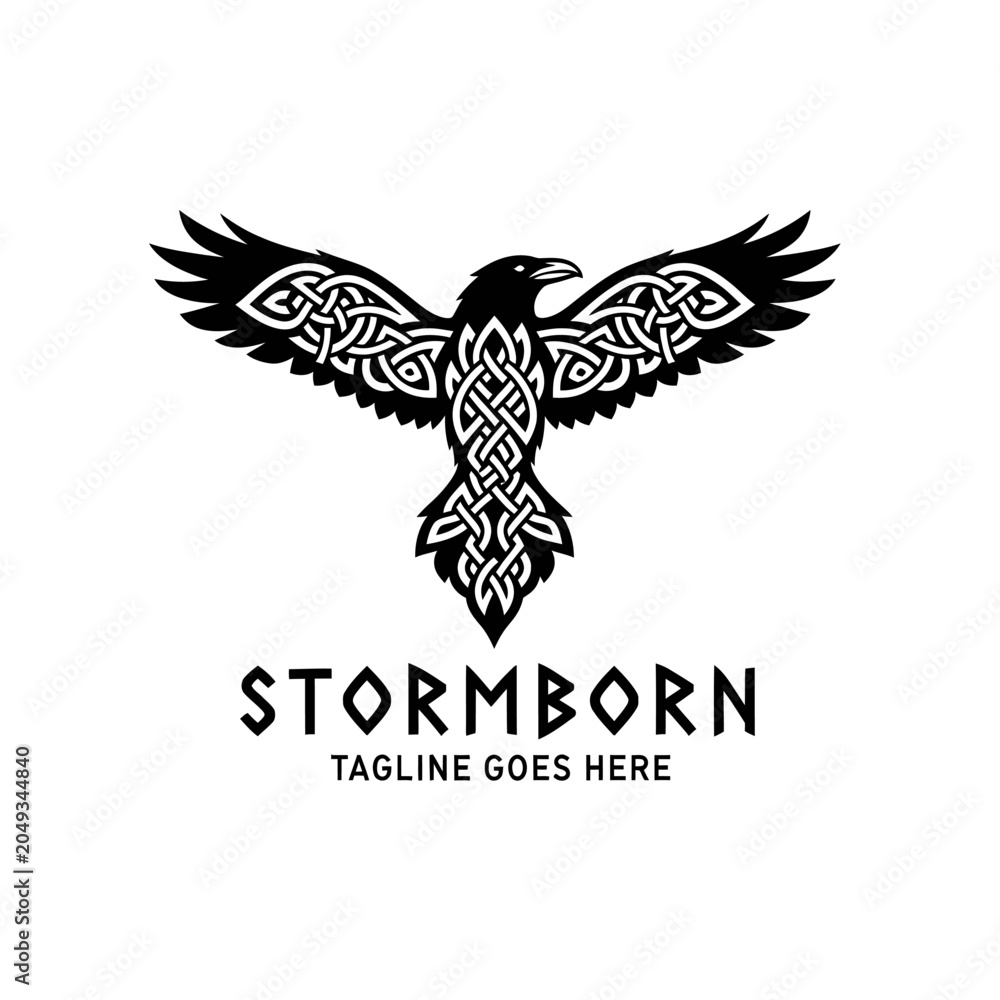 Naklejka premium Elegant black and white crow emblem featuring traditional Nordic or Celtic knotwork, perfect for branding, fantasy themes, or cultural identity.