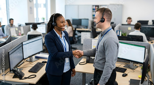 Diverse call center agents shaking hands in a modern office