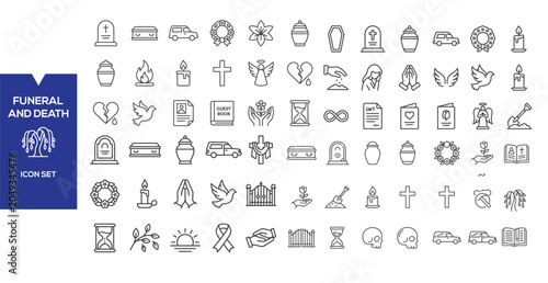 Fotografija Funeral and Death Icon Set: A comprehensive collection of minimalist line icons representing various aspects of funerals and death, including coffins, urns, wreaths, candles, crosses, and doves
