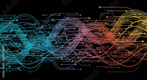 Abstract data flow and digital network background with colorful arrows
