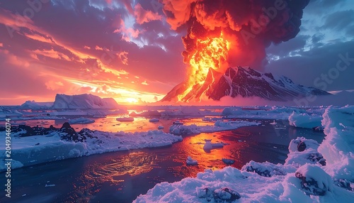 A vibrant volcanic eruption near a frozen body of water