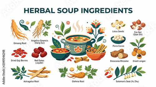 Photos Herbal soup ingredients on table.