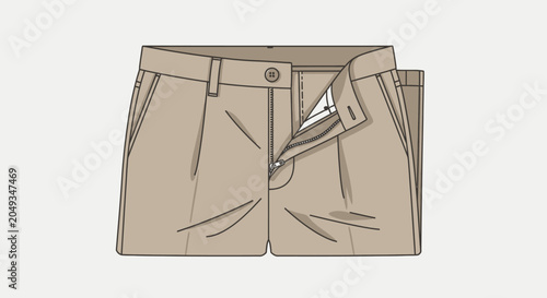 Flat lay illustration of beige khaki pants with open zipper.