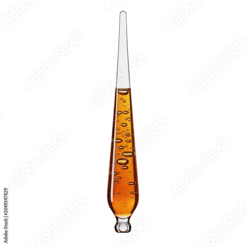 Clear glass bottle with amber liquid and dropper cap