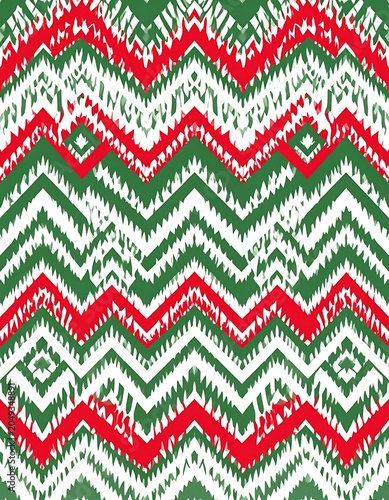 A vibrant zig-zag pattern with red, green, and white hues