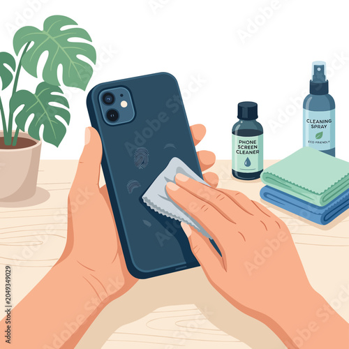 Foto Hands cleaning a mobile phone.
