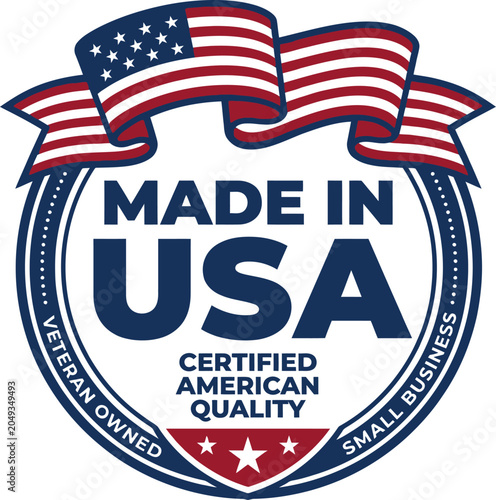 Made in usa badge with american flag ribbon, certified american veteran owned small business certified american usa badge