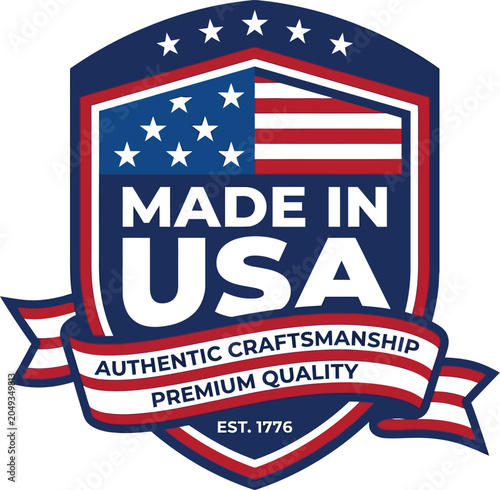 Made in usa badge with american flag, shield, and ribbon