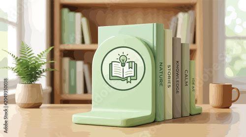 Fotografi Green bookend holding books on desk.