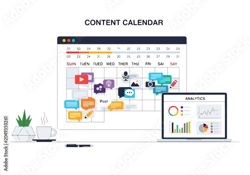 Obraz na plátně A content calendar with a laptop displaying analytics
