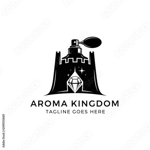Foto Elegant fragrance branding featuring a perfume sprayer atop a medieval castle, perfect for luxury perfume brands and boutique scent shops