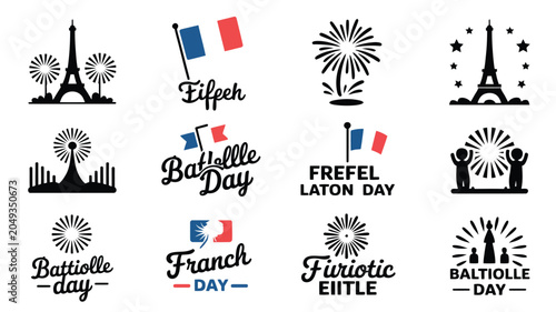 Foto Set of bastille day themed logos with eiffel tower, fireworks and flags