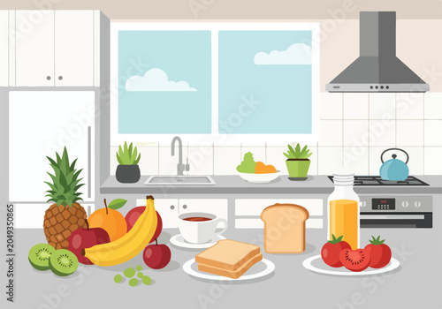 A kitchen counter with fruit and food