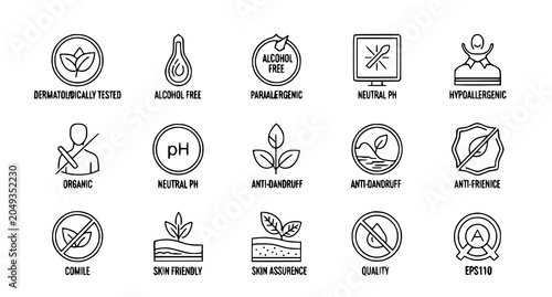 Fotografi Cosmetic certification and ingredient claim outline icon collection vector EPS10