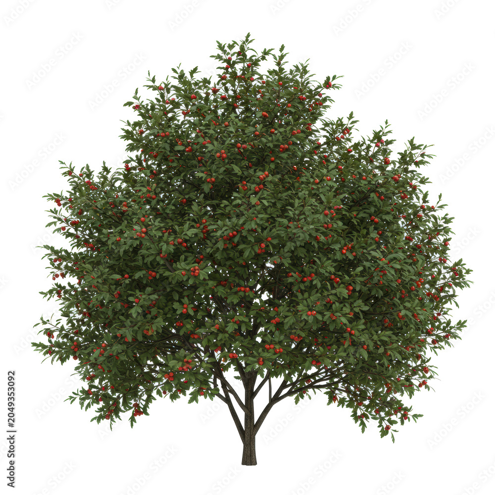 Fototapeta premium an ultra-detailed photorealistic hawthorn bush with lush emerald foliage and bright red spherical berries, isolated against a transparent studio background, top-down view. concept for botanical
