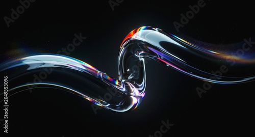 Cuadro en lienzo 3d iridescent liquid glass ribbon wave line with neon rainbow light texture on abstract black background