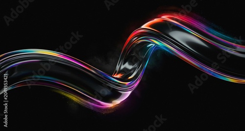Fotografija 3d iridescent liquid glass ribbon wave line with neon rainbow light texture on abstract black background