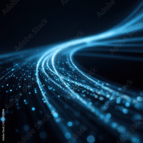 Brilliant blue light streams curve through the dark background representing data flow