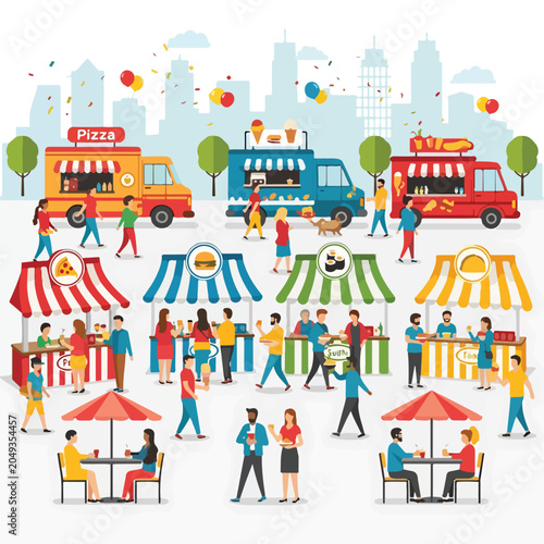 A colorful illustration depicts people enjoying food trucks and booths