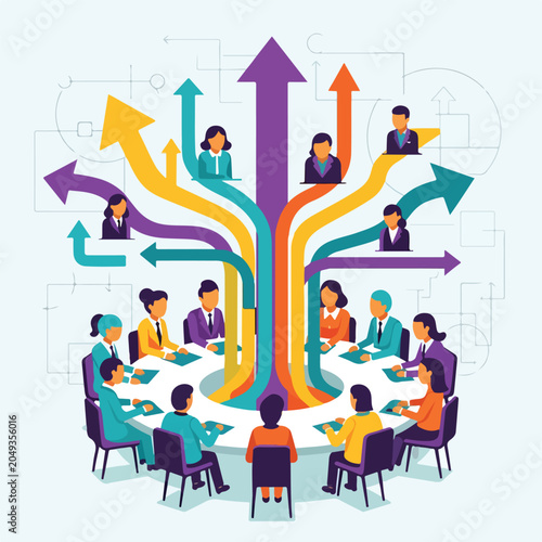 A group of people sitting around a table with arrows