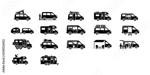 Bild auf Leinwand Icon set collection of various camper vans, recreational vehicles, and travel trailers for camping and outdoor adventure lifestyle in glyphs