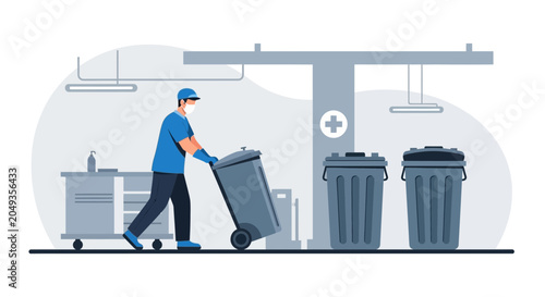 Sanitation worker in mask pushing trash bin in medical facility