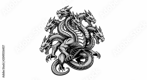 Multi-headed hydra dragon illustration in detailed fantasy style.