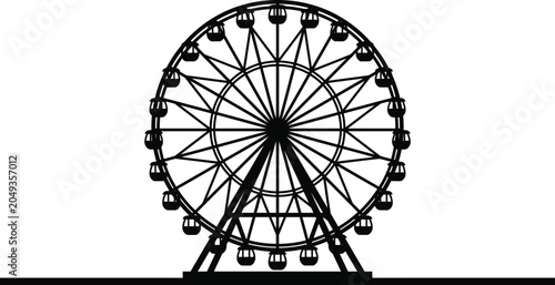 Ferris Wheel Silhouette Against White Background Black Linear Illustration