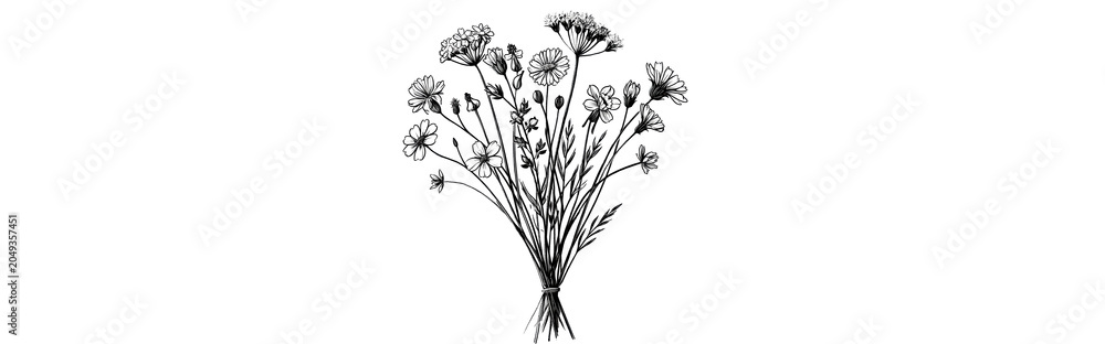 Obraz premium Black and white botanical wildflower bouquet illustration PNG