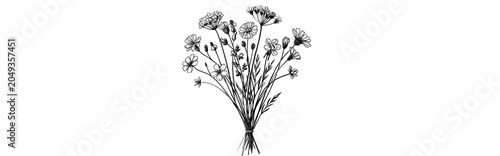 Black and white botanical wildflower bouquet illustration PNG