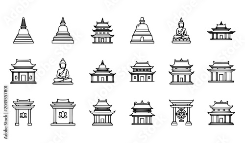 Obraz na plátne Editable stroke Buddhist temple and pagoda vector icon set