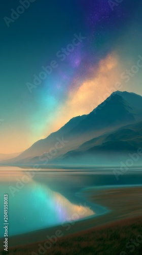 Dreamlike Cosmic Landscape Reflecting the Universe on Mirror Lake, Celestial Dreamscape Universe Panorama, Cosmic Reflection Art Background