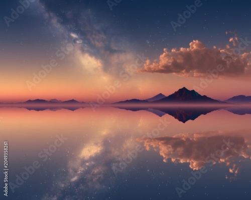 Dreamlike Cosmic Landscape Reflecting the Universe on Mirror Lake, Celestial Dreamscape Universe Panorama, Cosmic Reflection Art Background