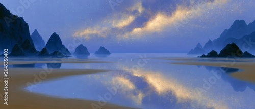 Dreamlike Cosmic Landscape Reflecting the Universe on Mirror Lake, Celestial Dreamscape Universe Panorama, Cosmic Reflection Art Background